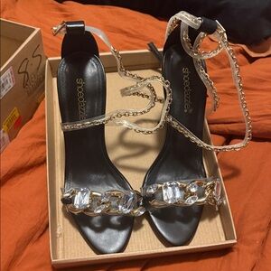 Shoe Dazzle Black Heels with Gold and Silver Accents